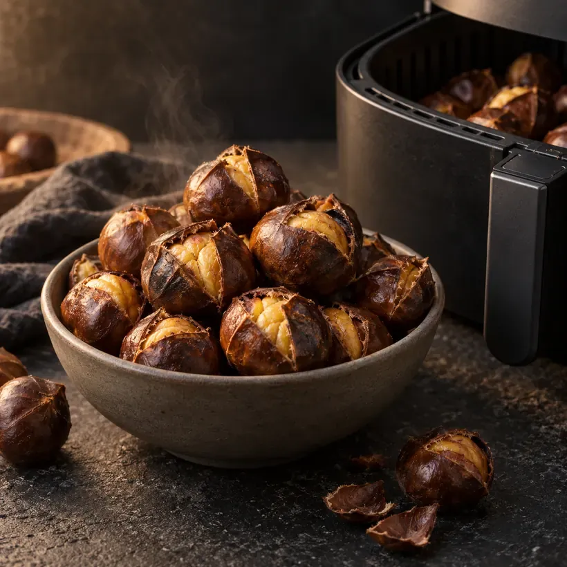 Châtaignes au air fryer, à la sortie du panier