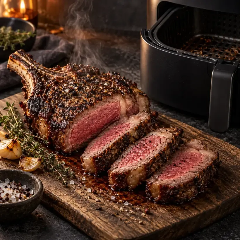 Côte de bœuf au air fryer, à la sortie du panier