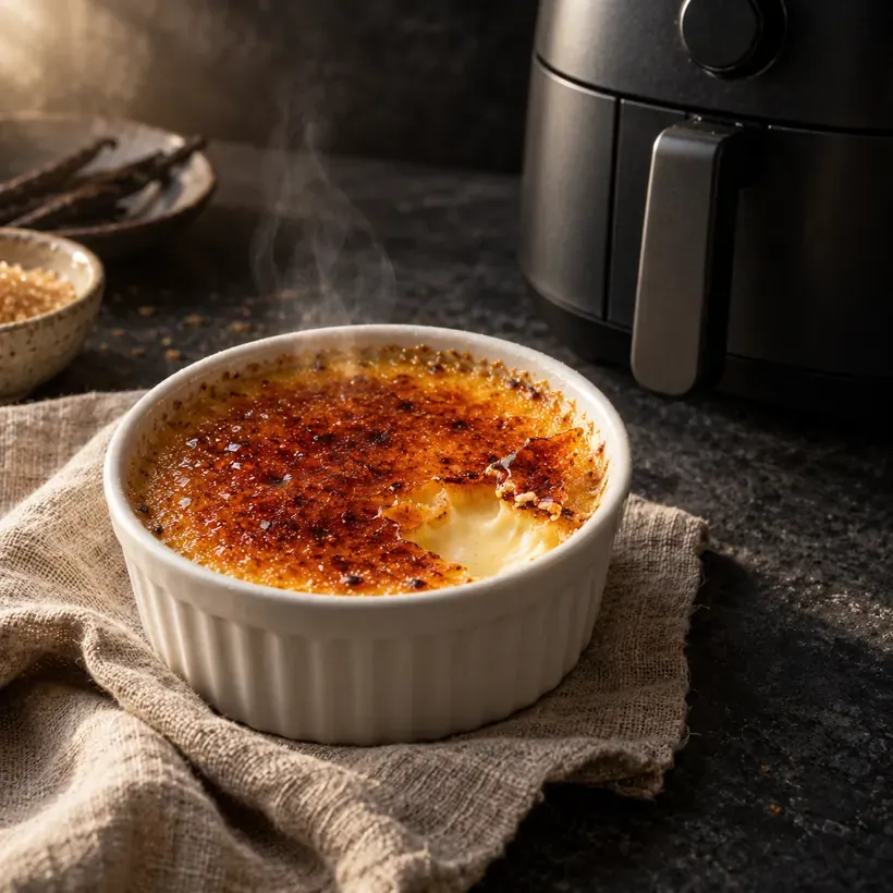 Crème brûlée au air fryer, à la sortie du panier