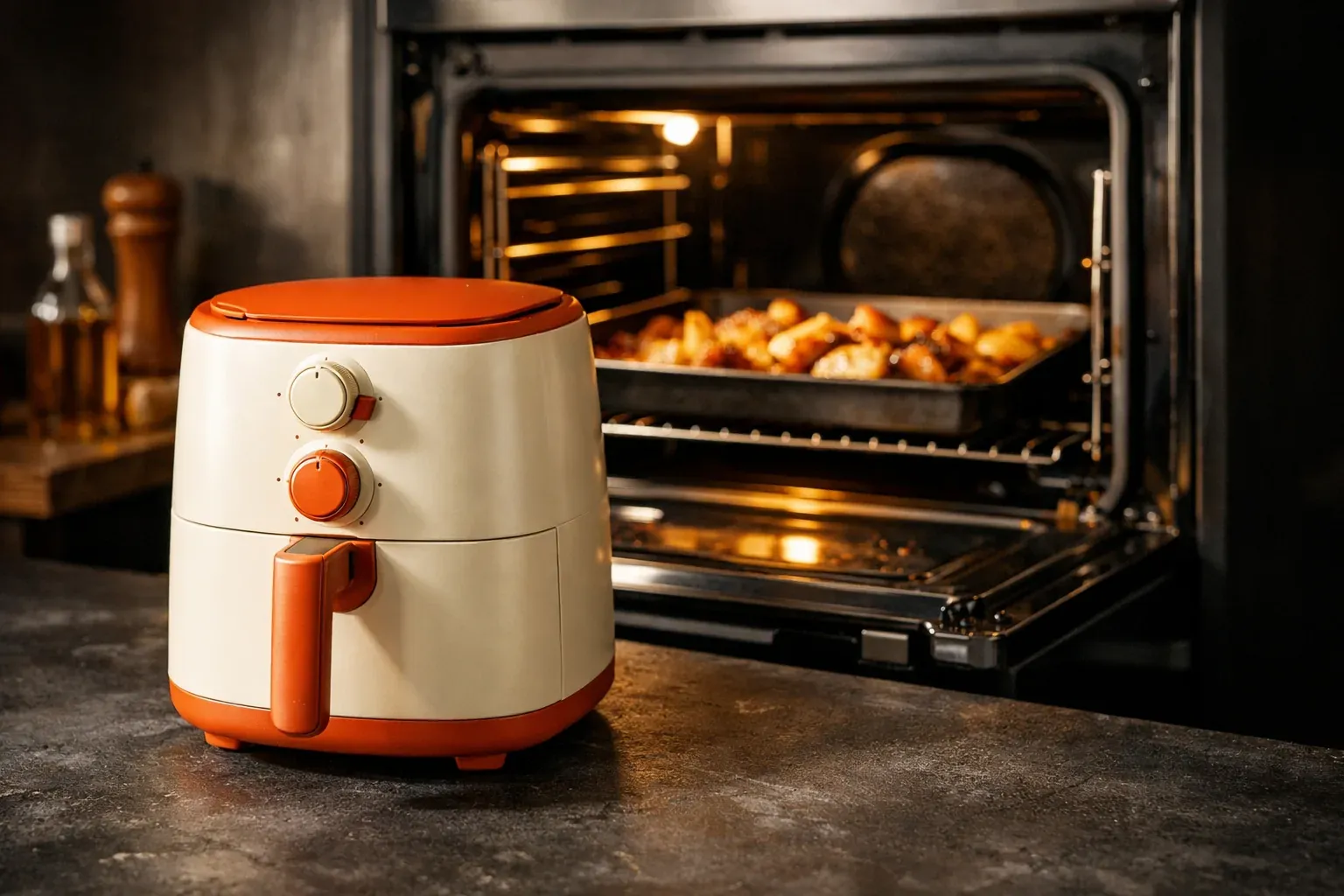 Un four ouvert avec sa plaque et un air fryer compact posé devant, sur le plan de travail