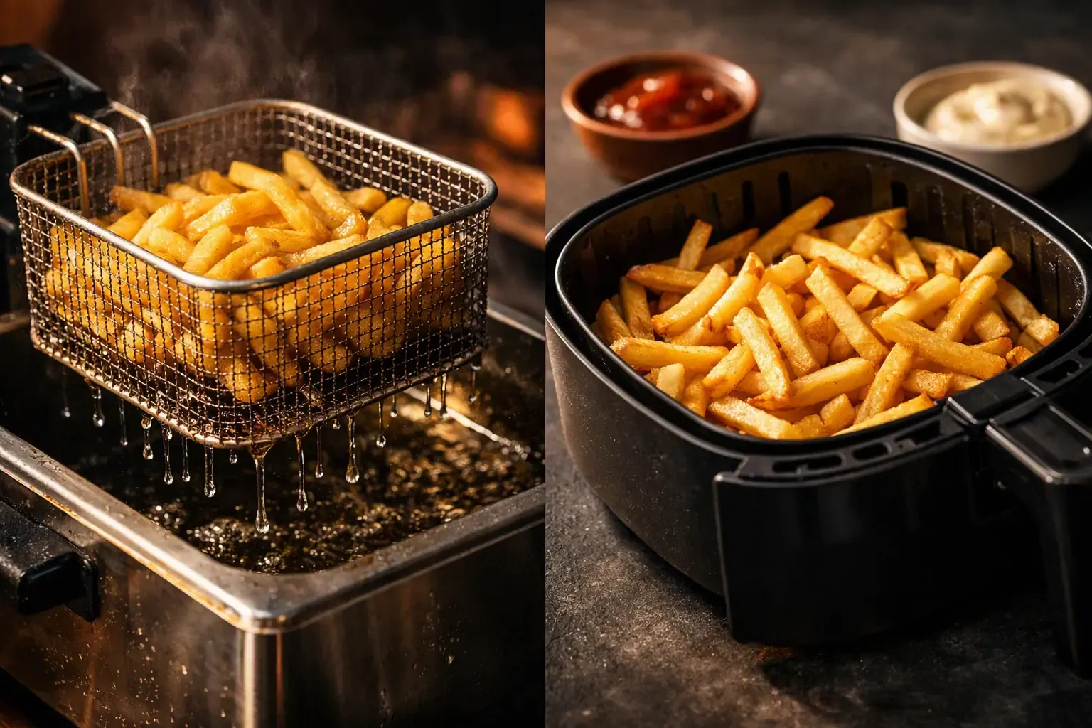 Un panier de friteuse dégoulinant d'huile à gauche, un panier d'air fryer avec des frites sèches à droite