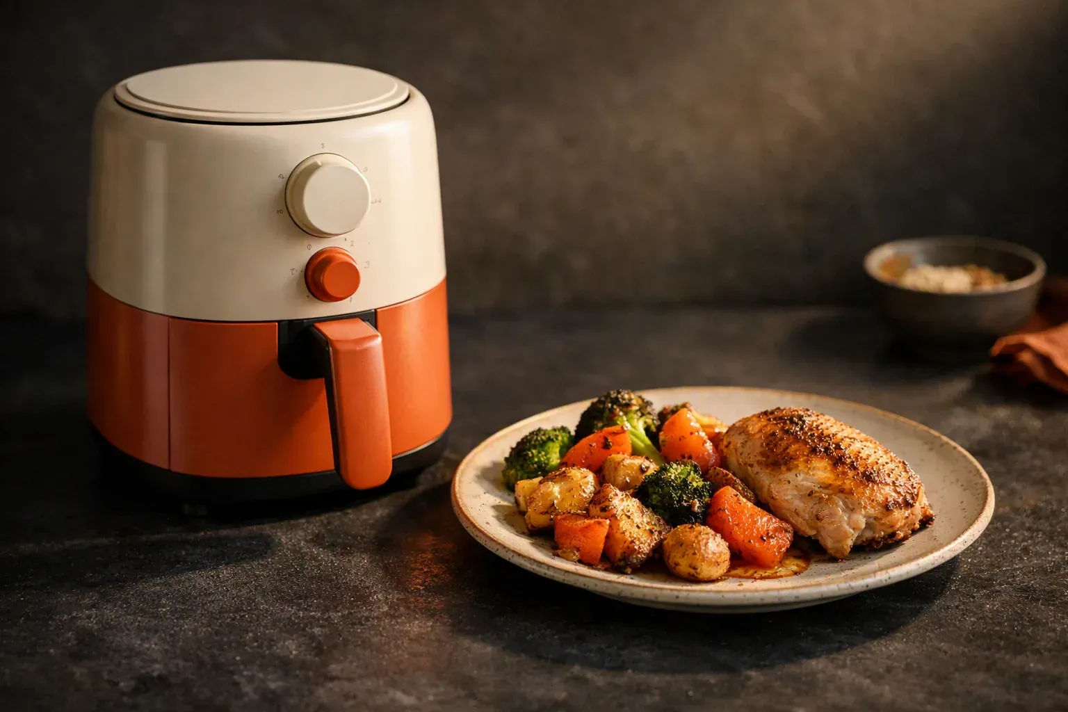 Un petit air fryer et une assiette unique de légumes rôtis avec un morceau de poulet