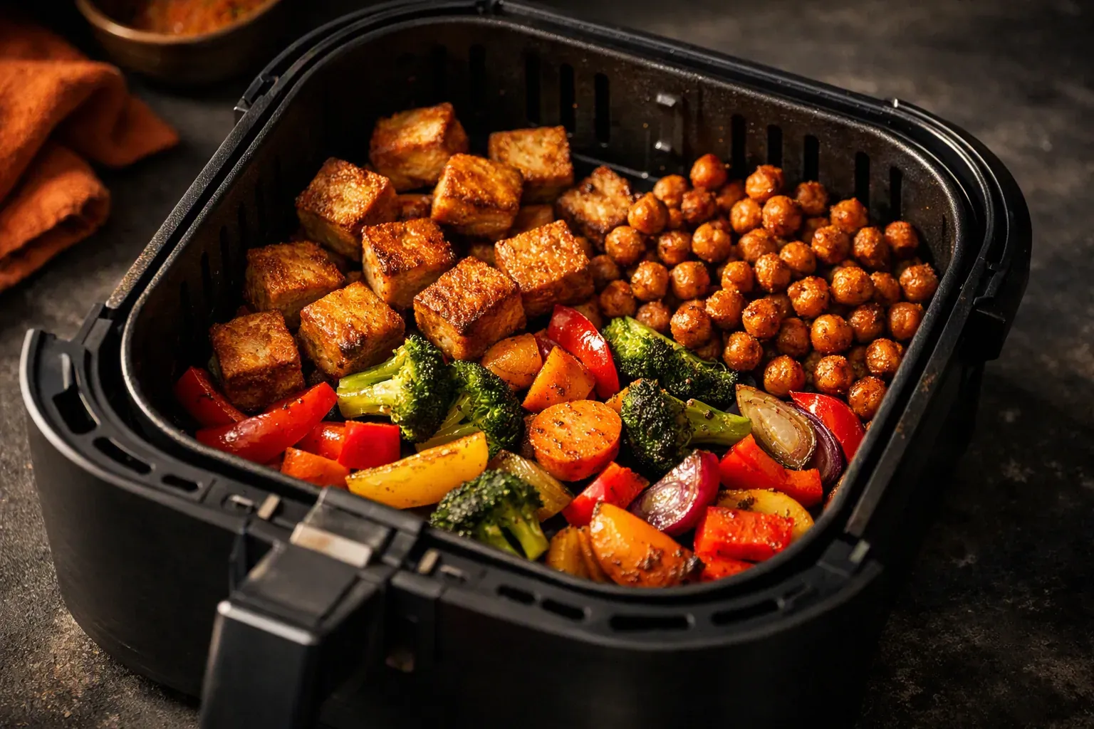 Des dés de tofu dorés, des pois chiches rôtis et des légumes colorés dans un panier