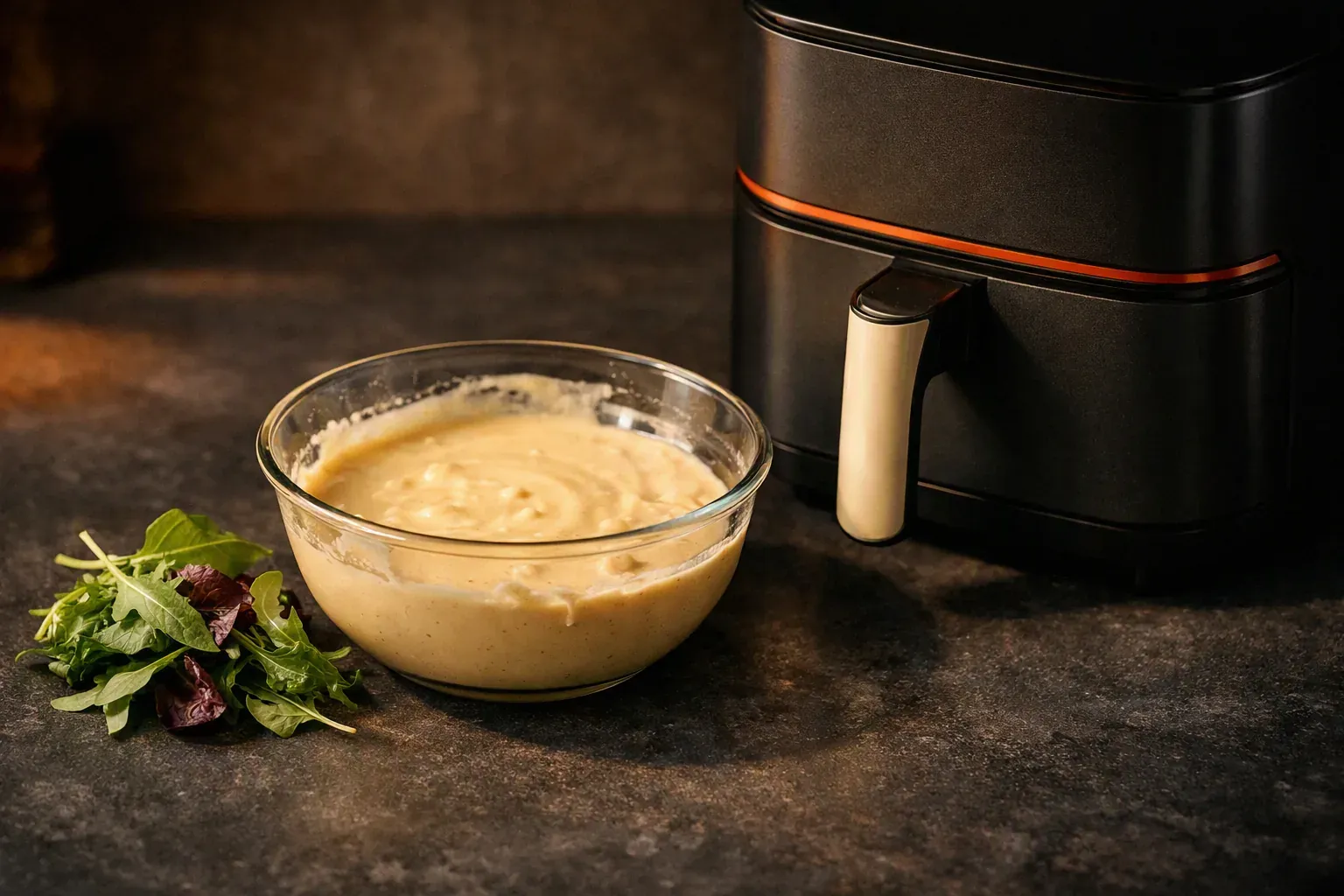 Un bol de pâte liquide et des feuilles de salade posés près d'un tiroir d'air fryer fermé