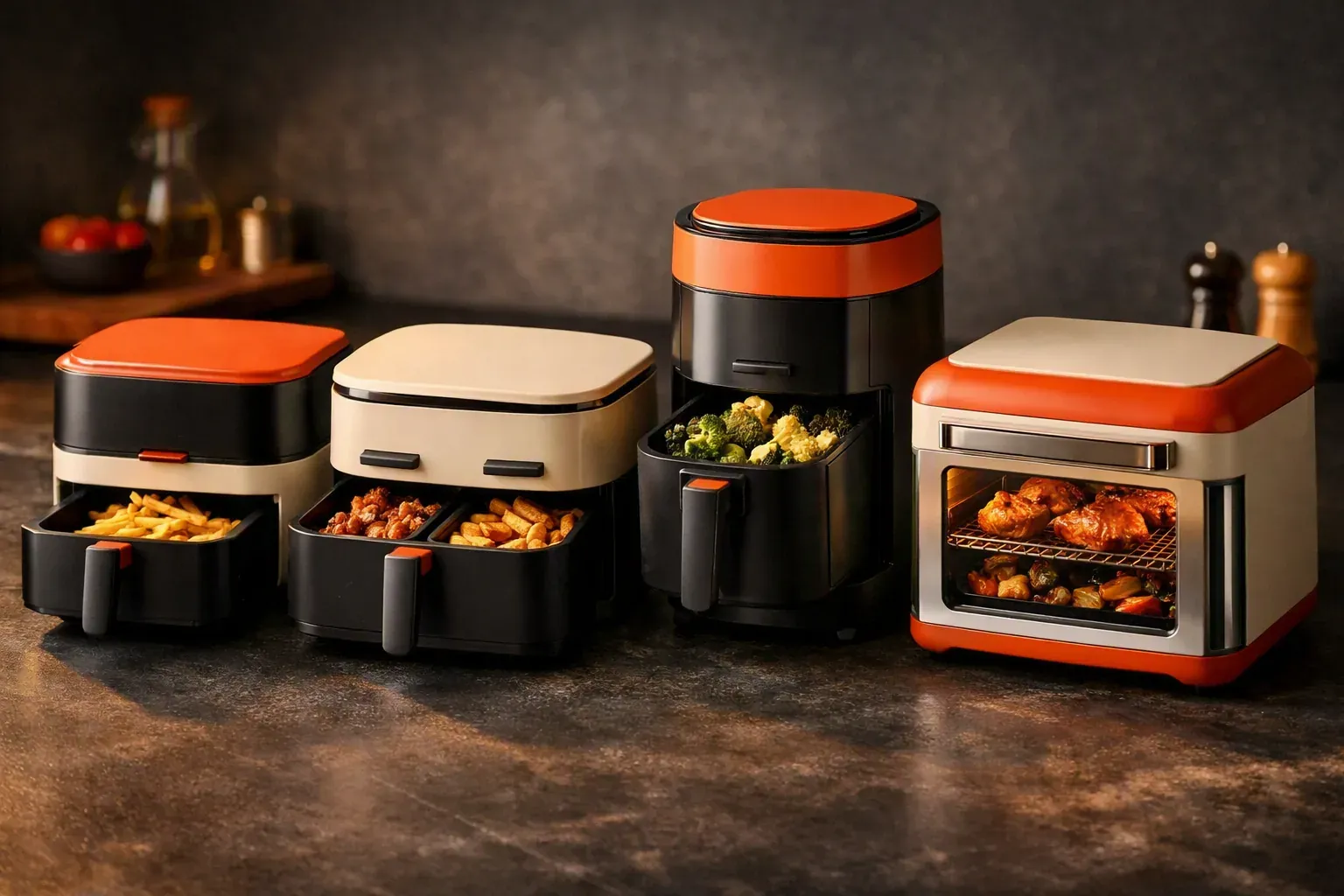 Quatre air fryers de formats différents : simple tiroir, double tiroir, panier haut et four à air pulsé
