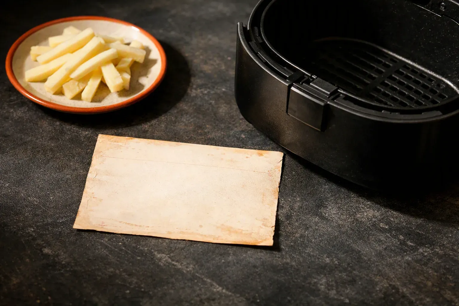 Une fiche de recette manuscrite posée près du tiroir ouvert d'un air fryer