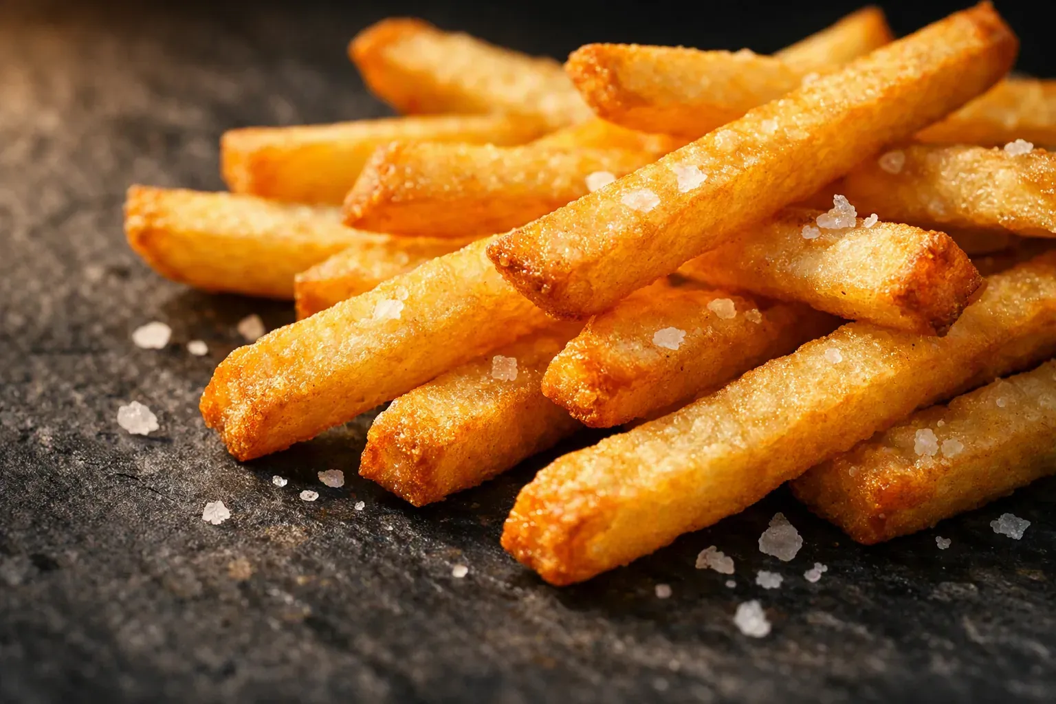 Gros plan sur des frites dorées à la sortie du panier, arêtes croustillantes et sel