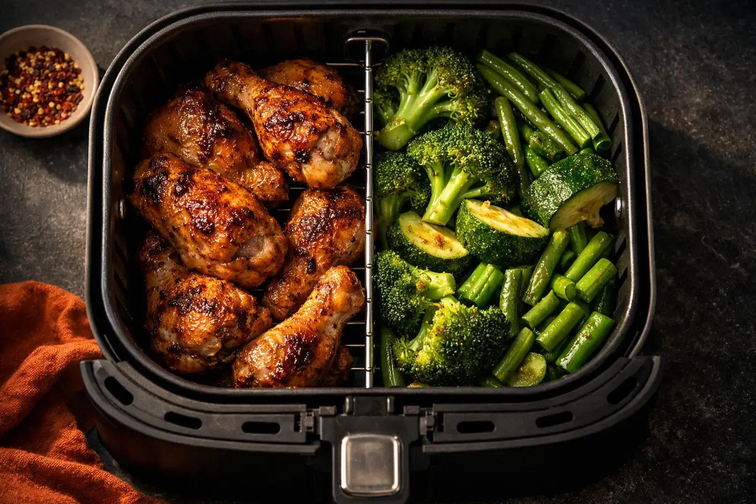 Un panier vu de dessus, séparé par une grille : morceaux de poulet d'un côté, légumes verts de l'autre