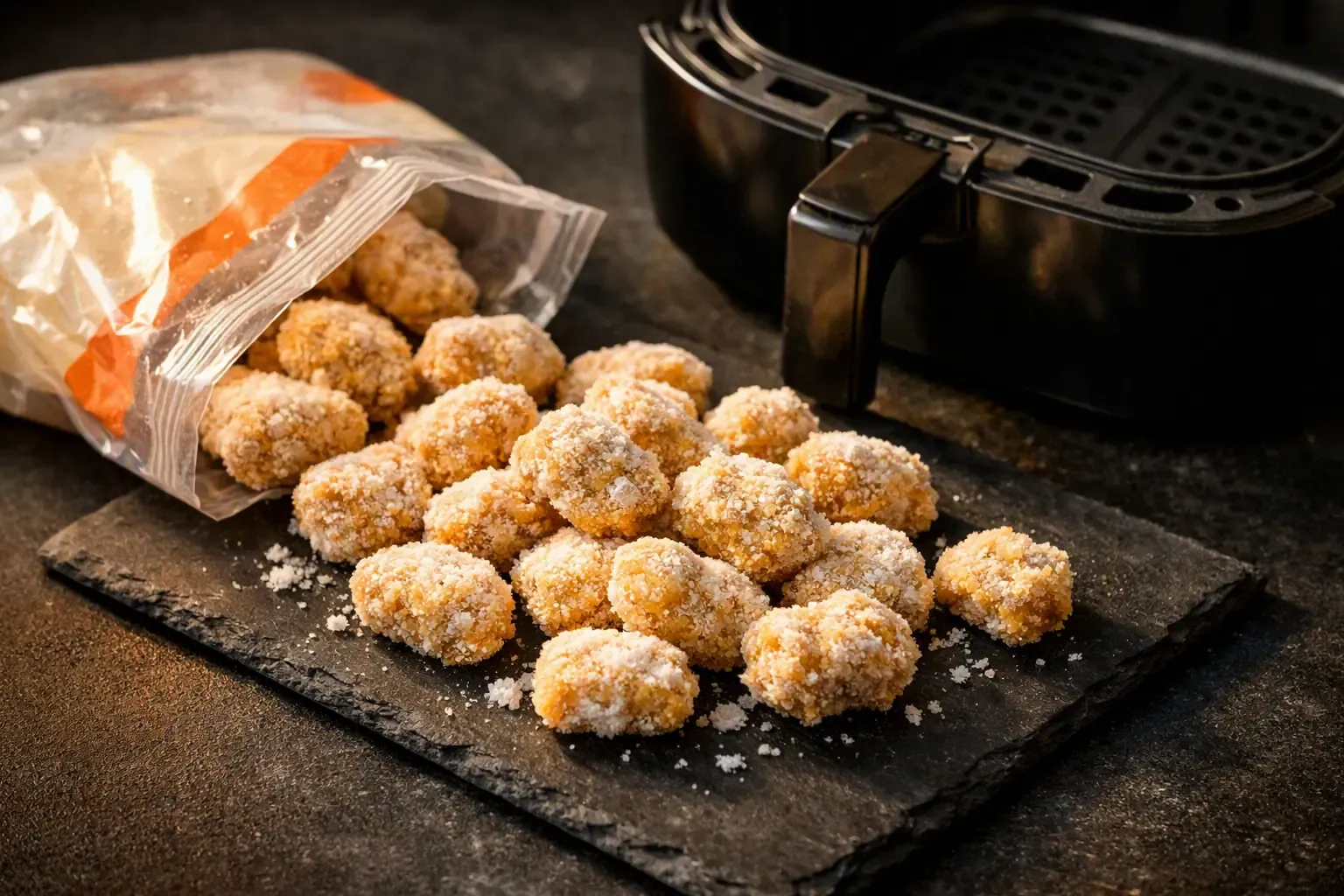 Des produits panés surgelés couverts de givre, versés près d'un panier d'air fryer ouvert