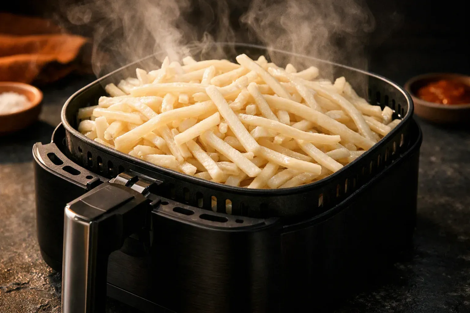 Un panier surchargé de frites pâles et molles, collées entre elles