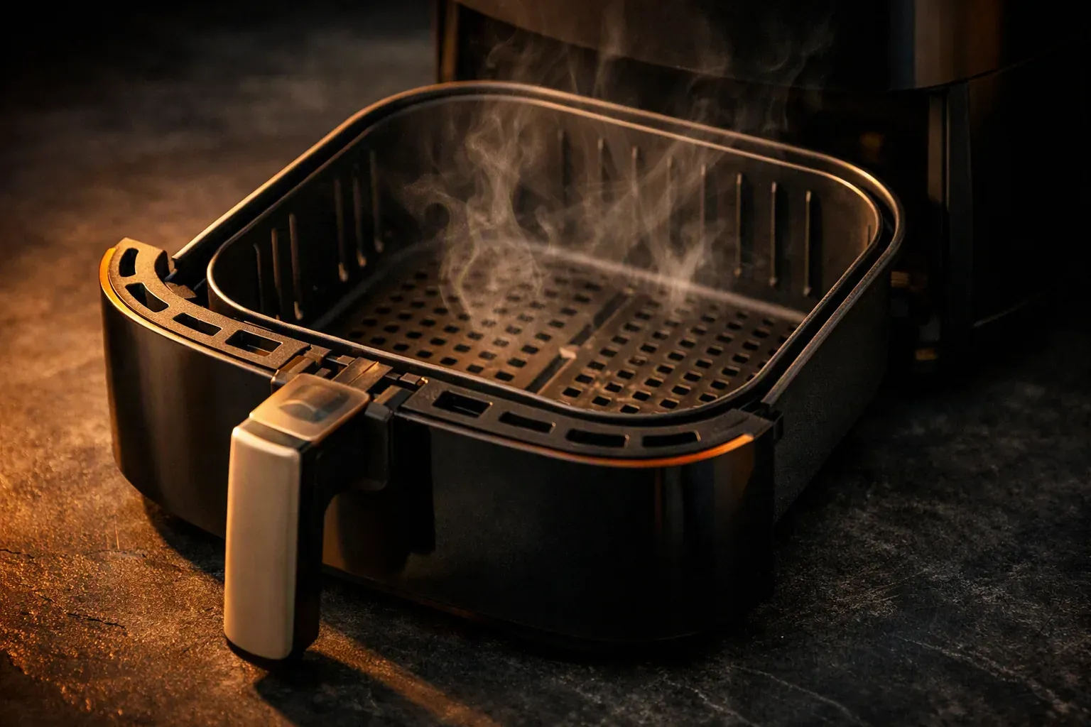 Un panier d'air fryer vide et chaud, sorti de l'appareil, avec l'air qui tremble au-dessus