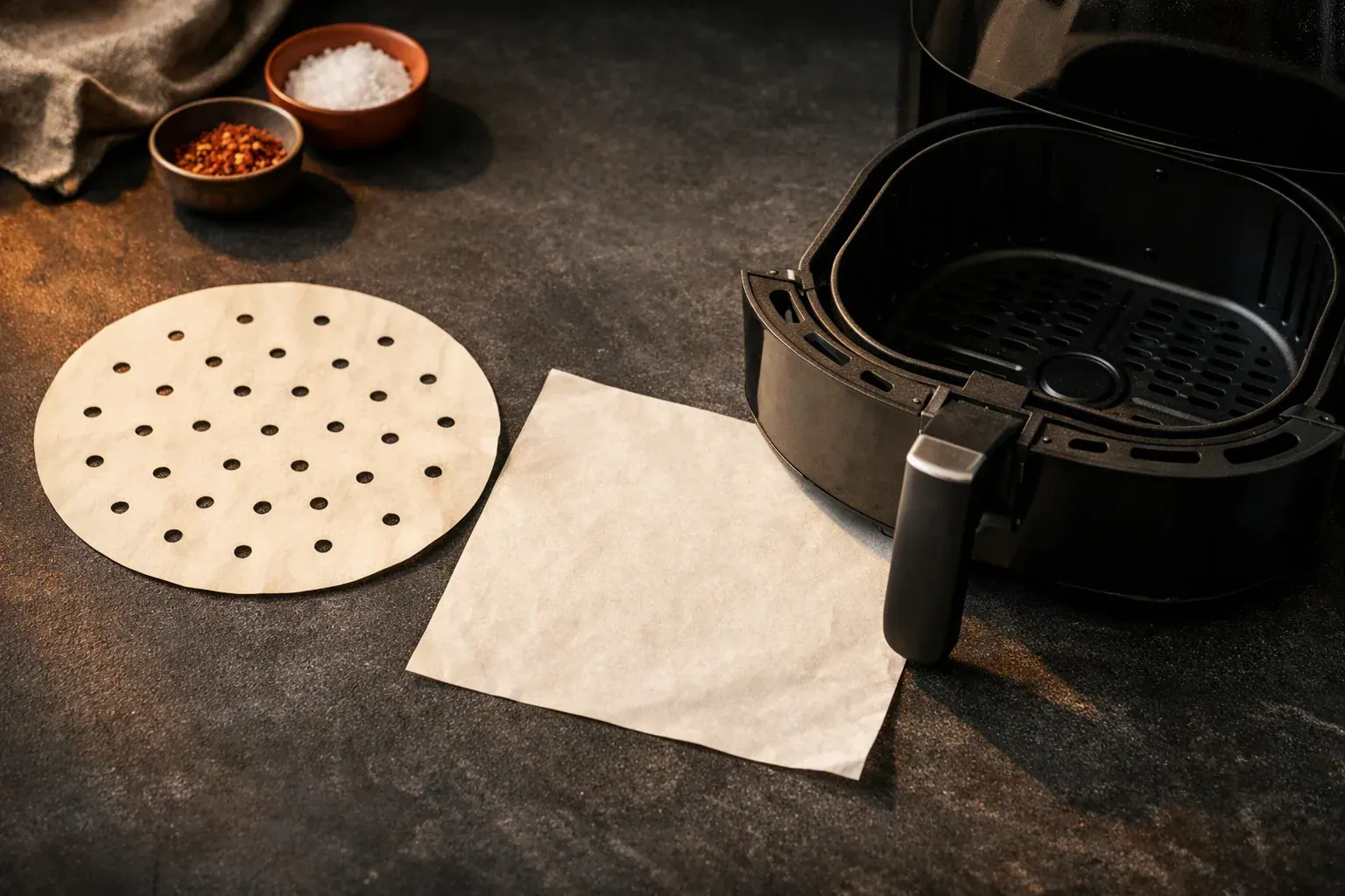 Un papier de cuisson perforé rond et une feuille pleine posés à côté d'un panier d'air fryer