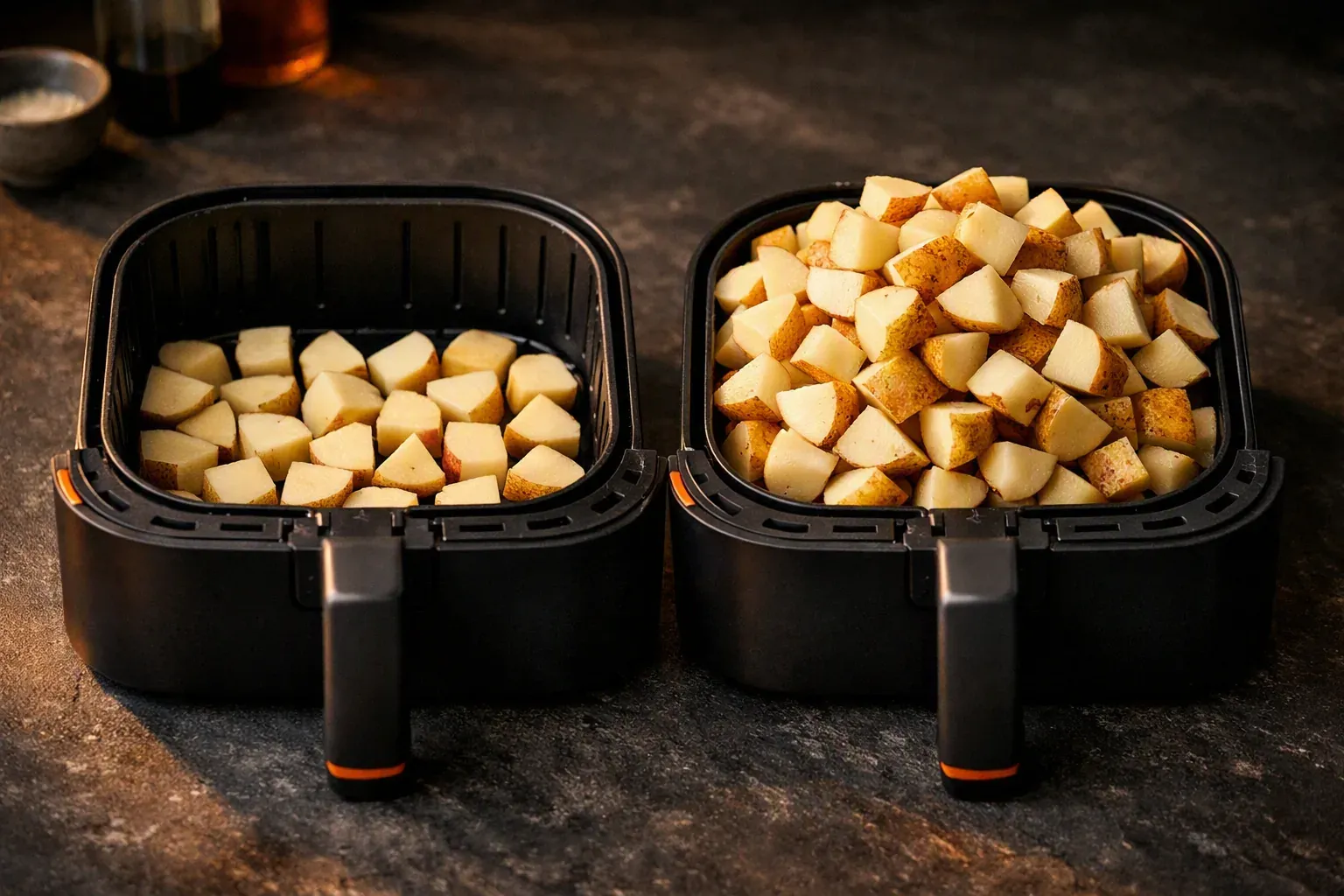 Deux paniers côte à côte : une seule couche de pommes de terre à gauche, un panier surchargé à droite