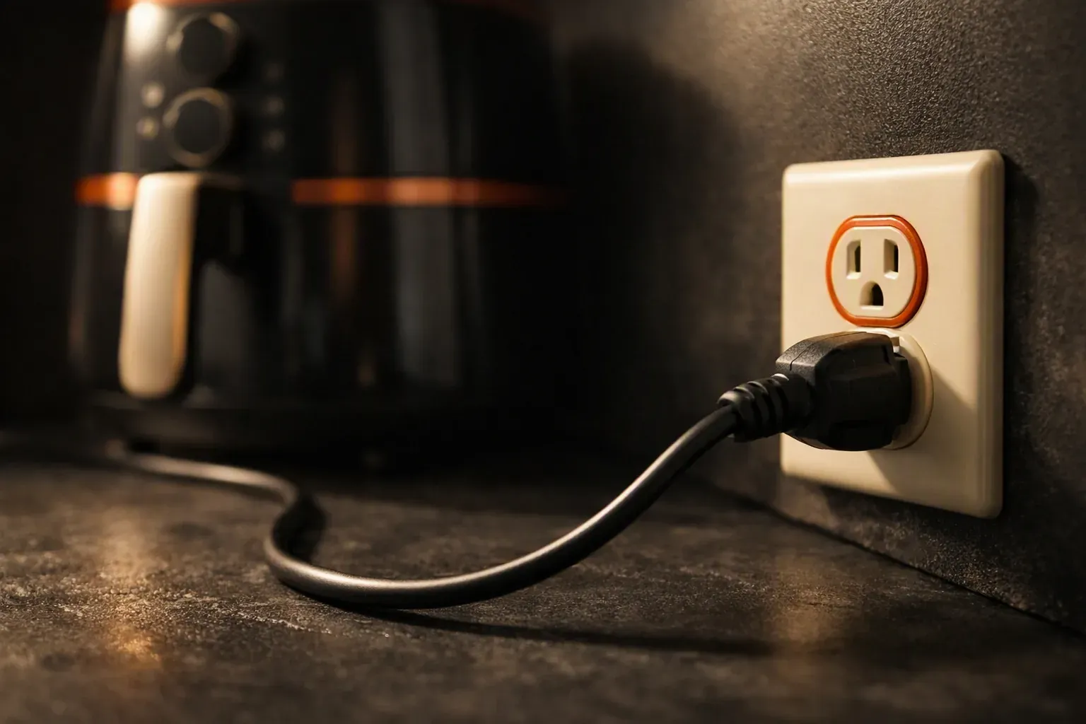 Le câble d'alimentation d'un air fryer branché à une prise murale, l'appareil derrière