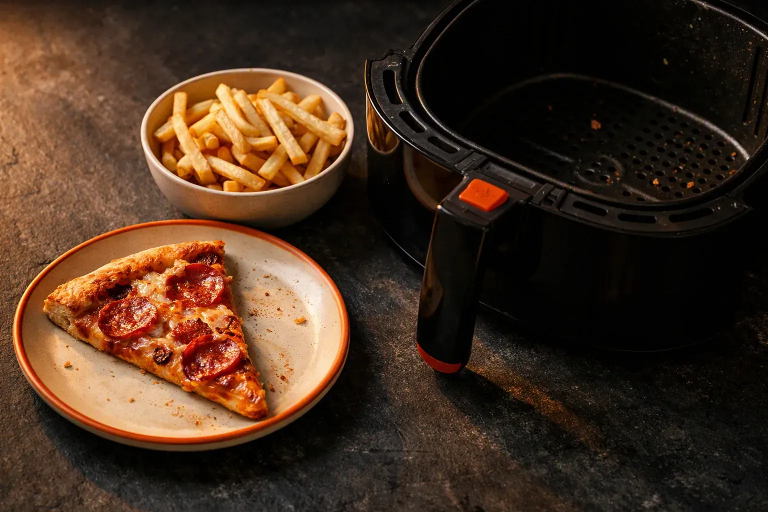 Une part de pizza de la veille et des frites froides à côté d'un panier d'air fryer ouvert