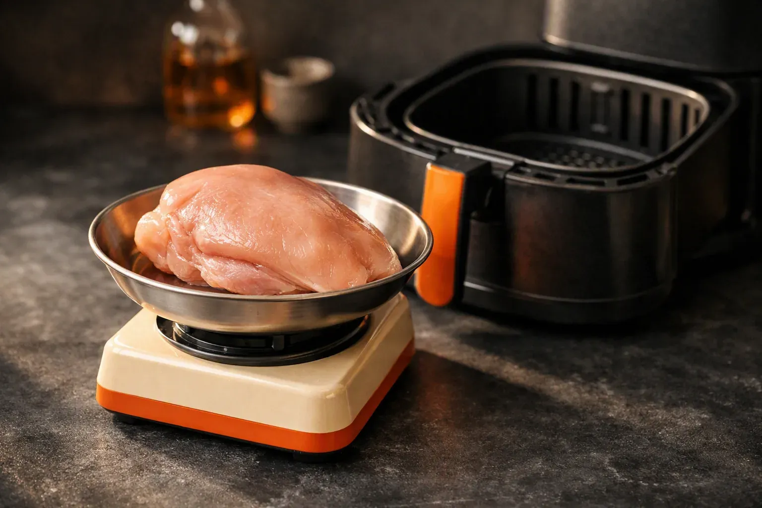 Un blanc de poulet cru posé sur une balance de cuisine devant un panier d'air fryer ouvert