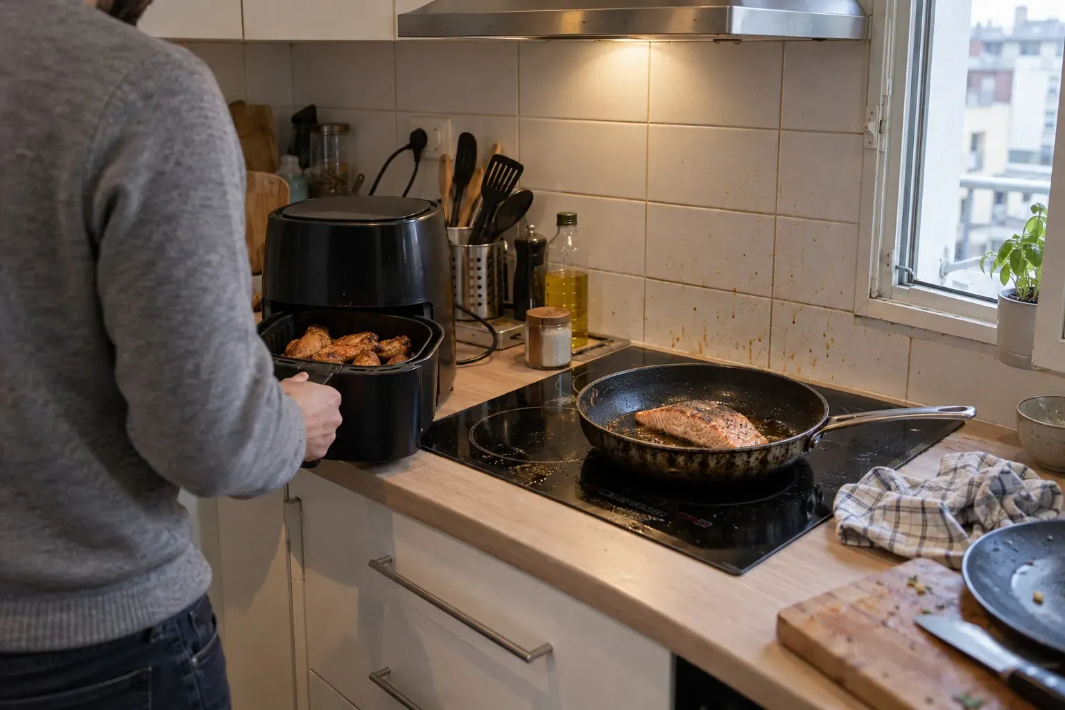 Panier d'airfryer sorti avec des ailes de poulet dorées, à côté d'une poêle sur la plaque, dans une cuisine ordinaire