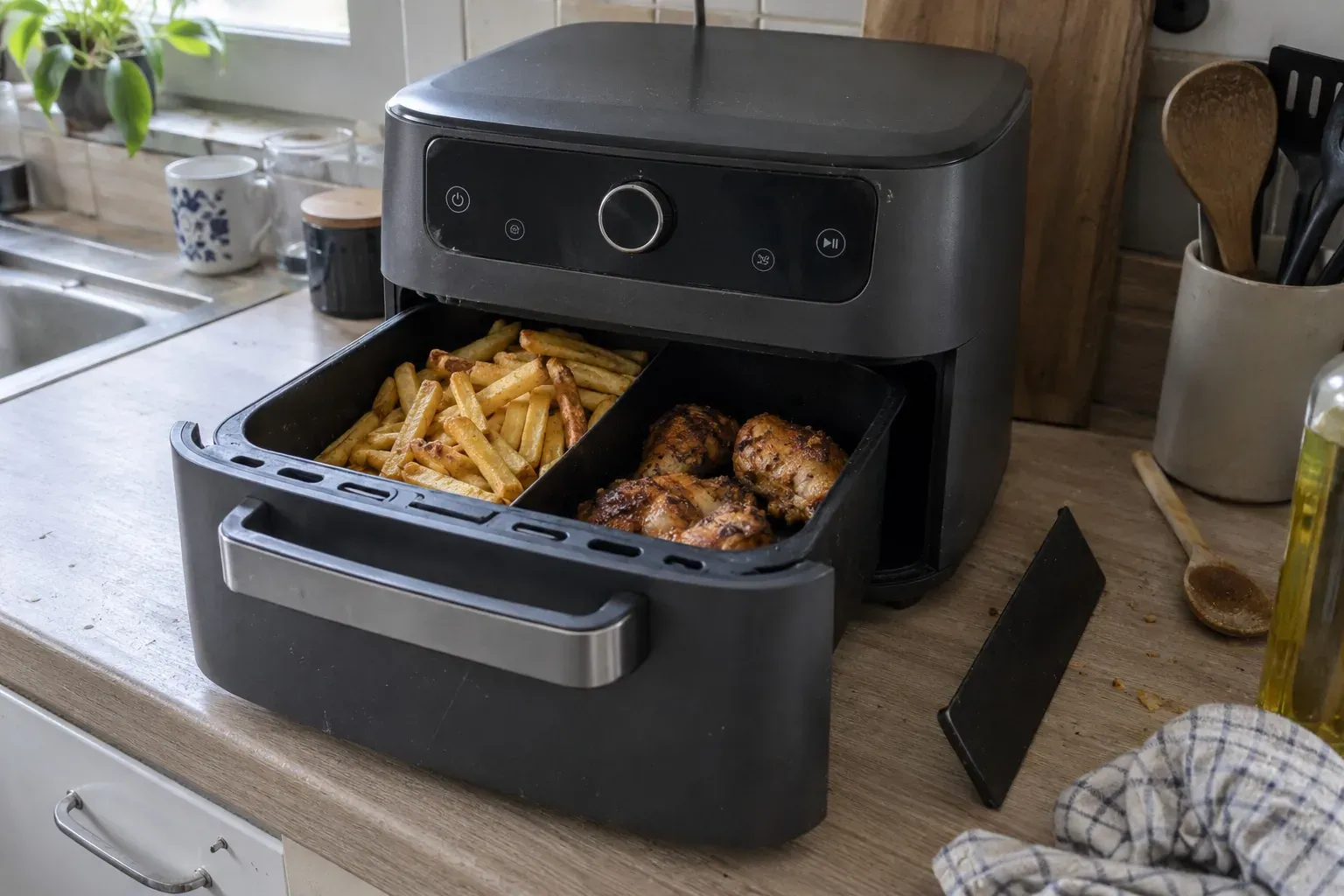 Grand air fryer à tiroir ouvert dans une cuisine française, frites d'un côté, poulet de l'autre, séparateur posé à côté