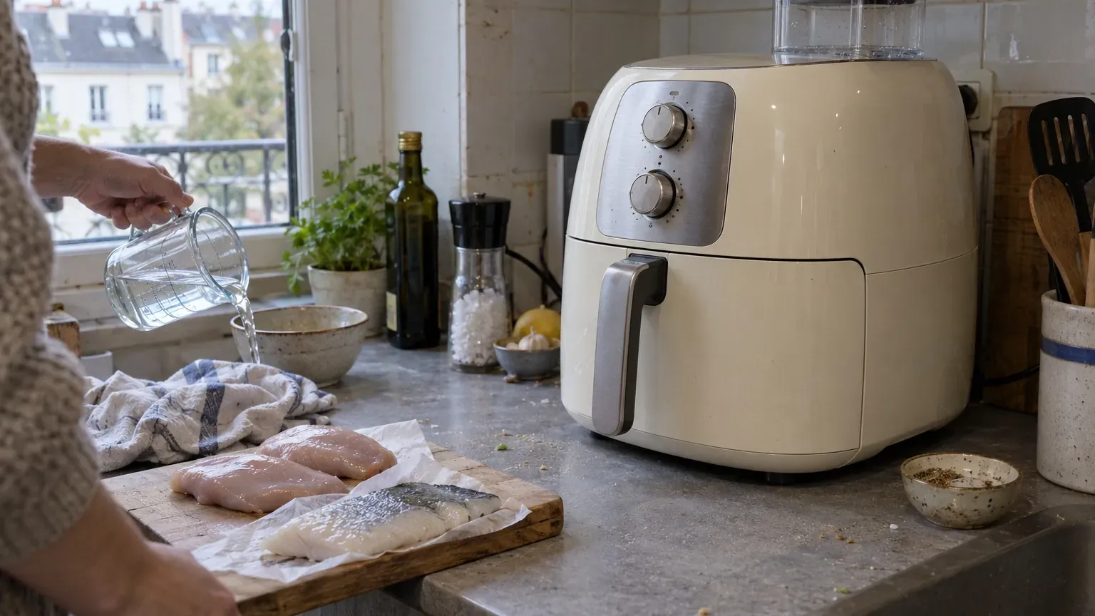 Airfryer Smeg crème rétro sur un plan de travail, filets de poisson et blanc de poulet préparés à côté